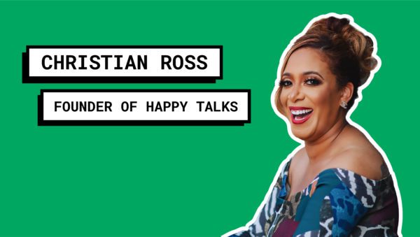 business woman smiling. text overlay: christian ross, founder of happy talks