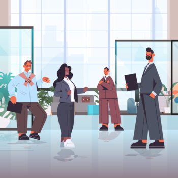 An illustration of an office with people working together