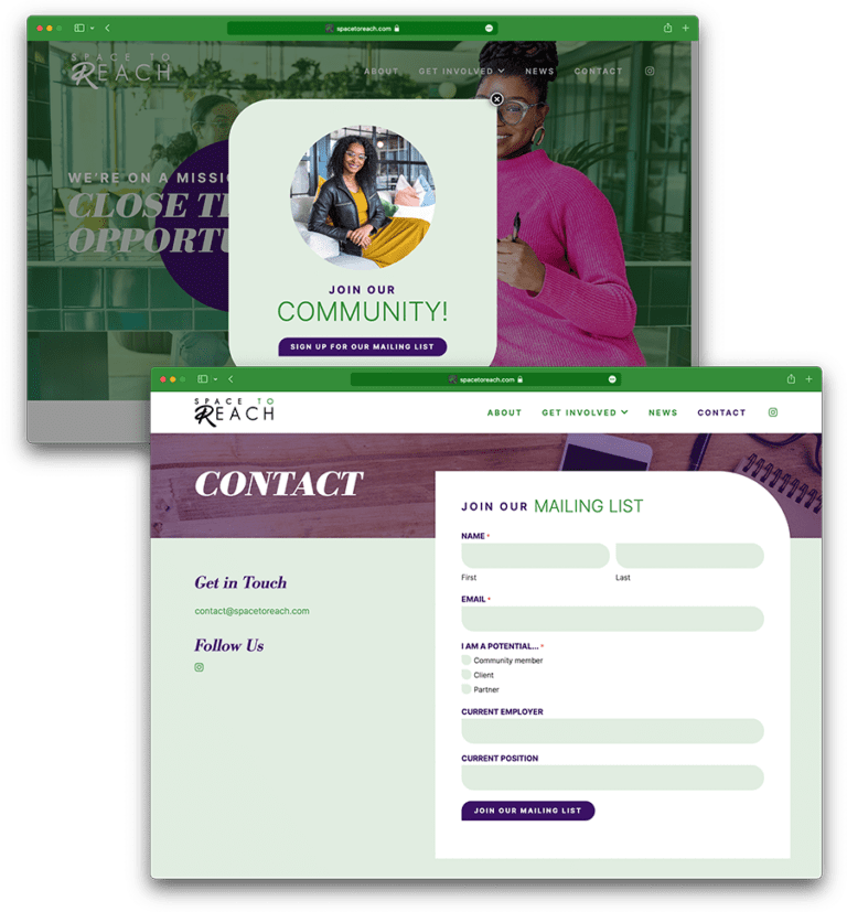 Pop-up on the homepage and the newsletter signup form on the Contact page of Space to Reach's website