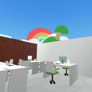 Desks in Online Optimism's metaverse office in Horizon Worlds