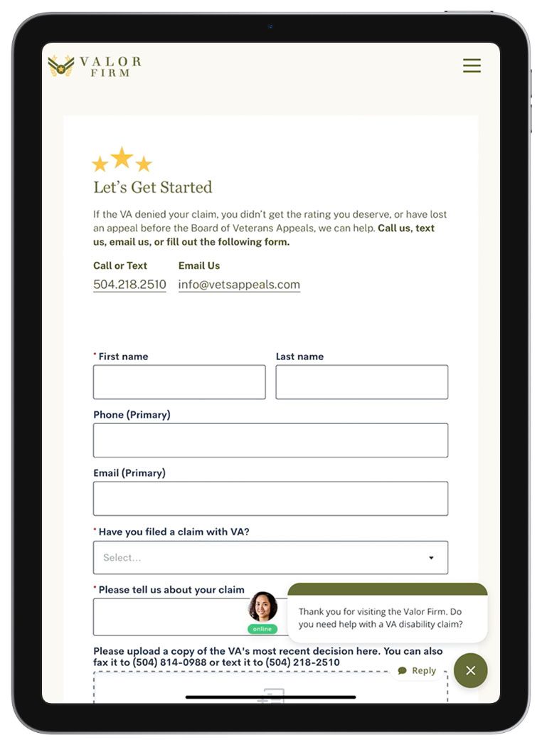 The Valor Firm Contact page, with Lawmatics form and Smith.AI chatbot, displayed on a tablet.