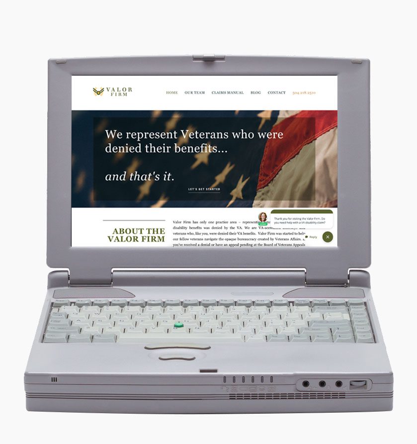 Old Valor Firm website on an old laptop