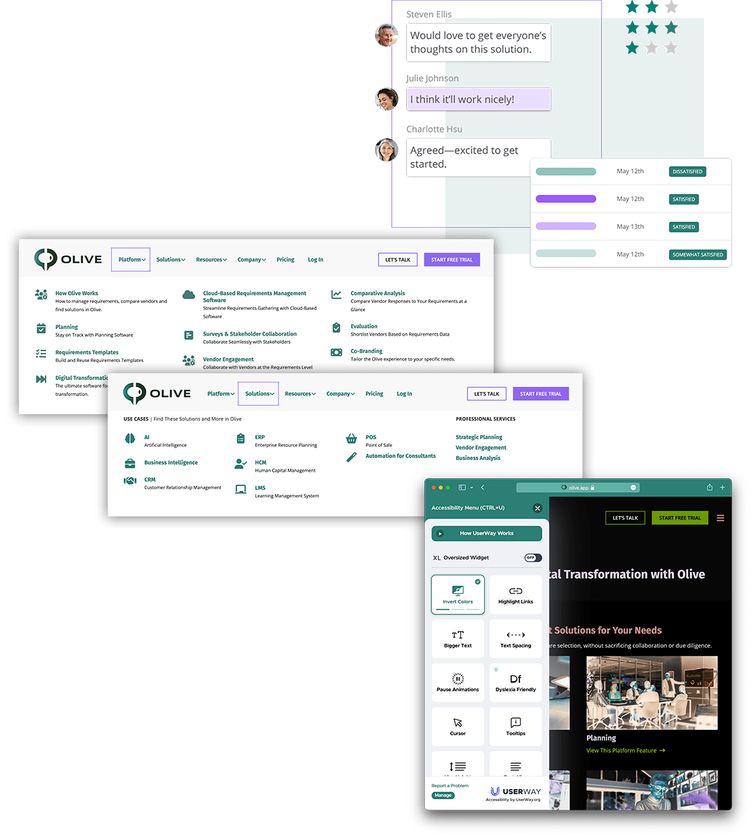 Design elements from Olive's new site: Collage-style illustrations of Olive's platform UI, the Platform and Solutions mega menus, and an example of UserWay being used to increase contrast on the site