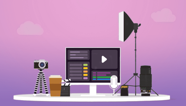 production setup with a camera and tools product with modern flat style