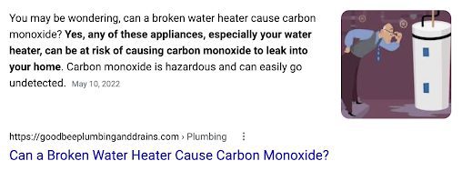 Featured snippet on Google: Can a Broken Water Heater Cause Carbon Monoxide?
