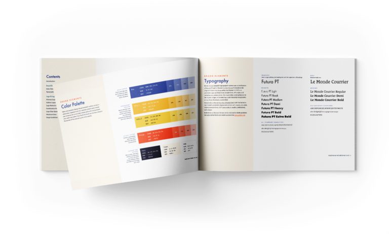 Randy Krause Schmidt's brand guide, turned to a spread displaying Randy's color palette and typographic system