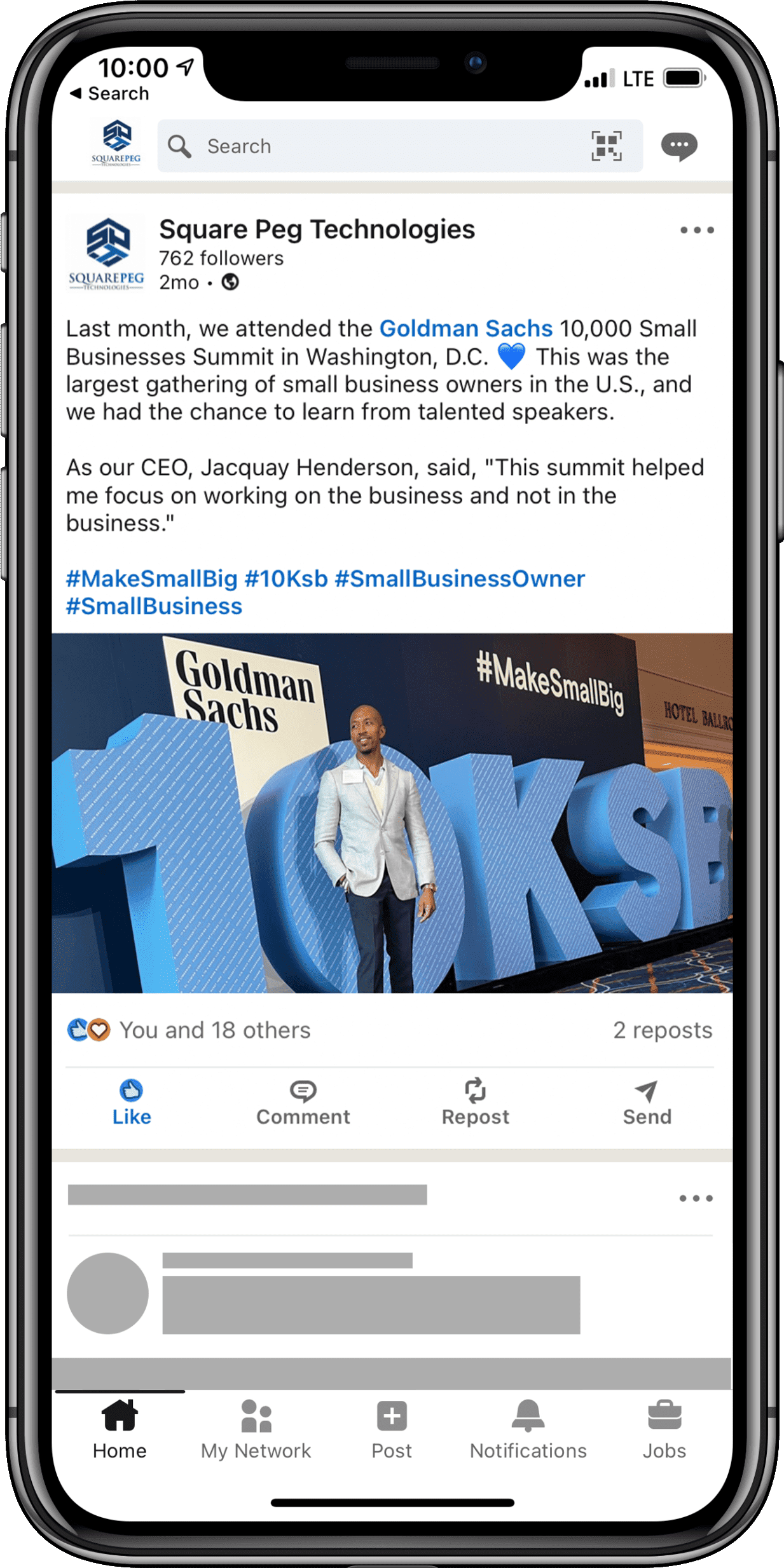 LinkedIn post of Jacquay henderson in front of the 10KSB Sign