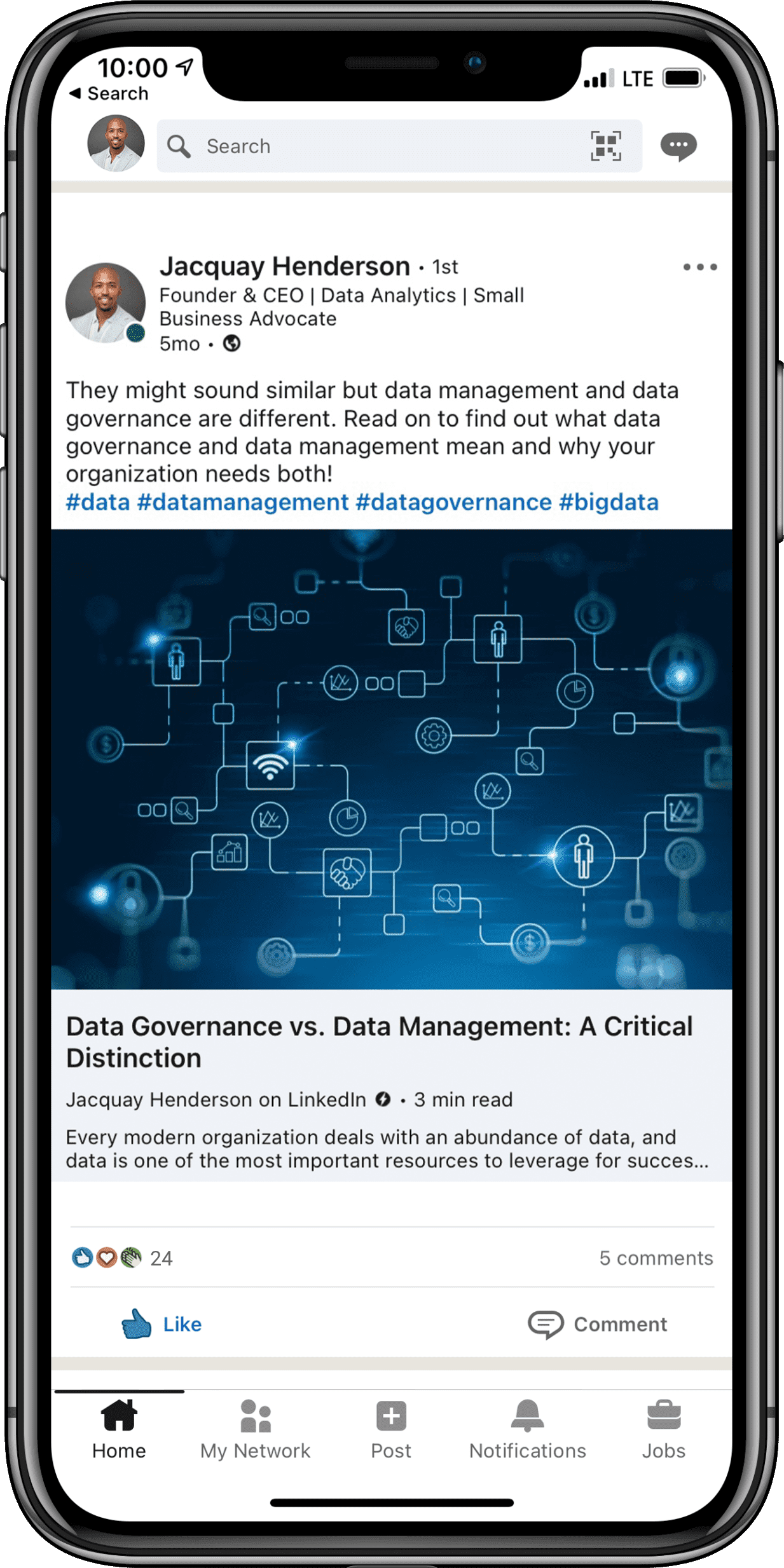 LinkedIn post looking at Data Governance vs Data Management