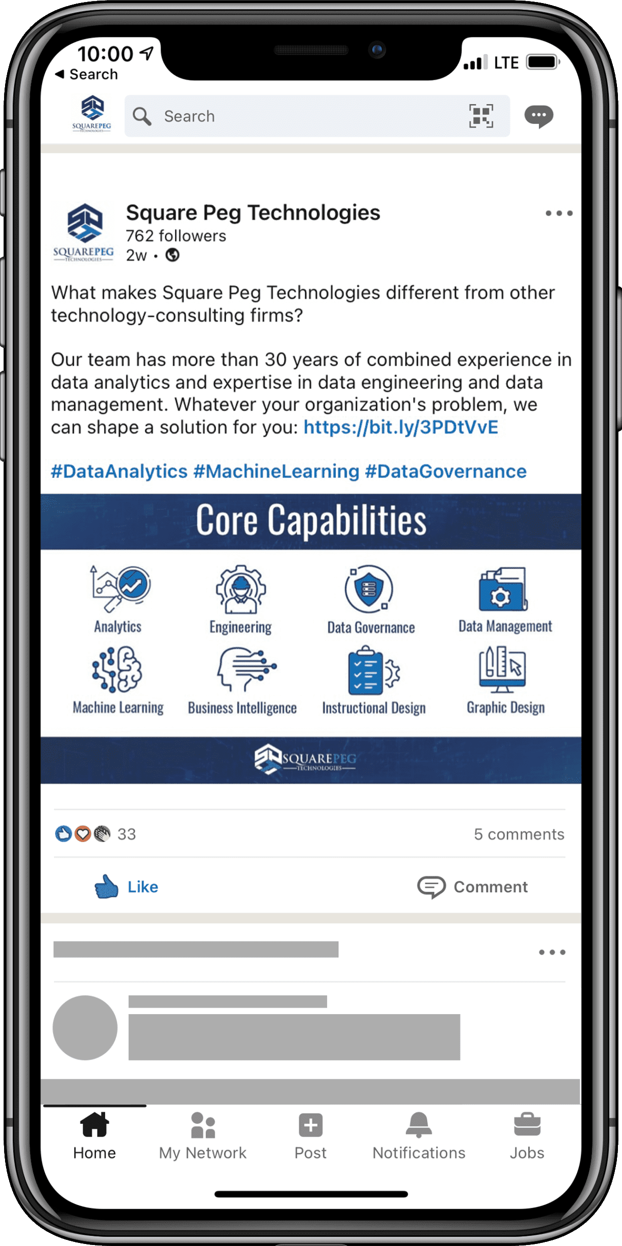 LinkedIn post showing Core Capabilities