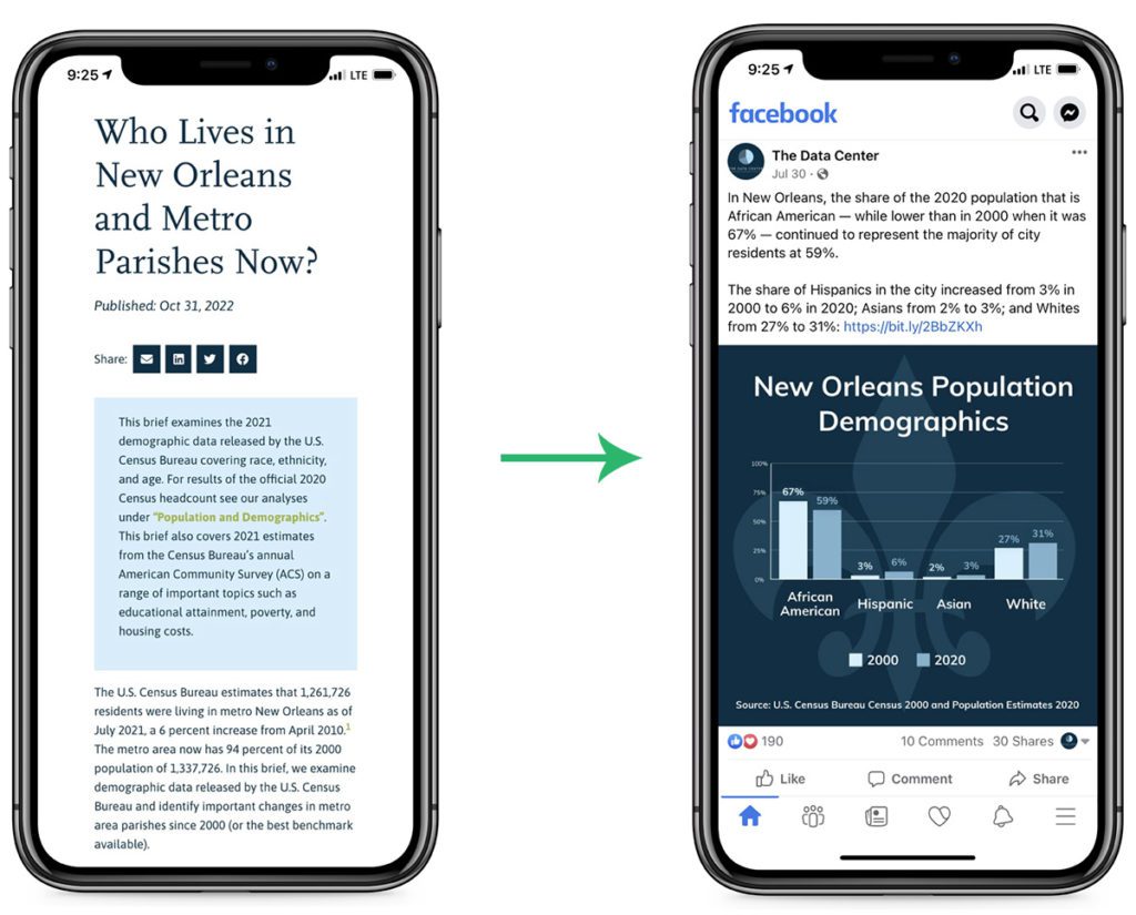 Data from The Data Center's "Who Lives in New Orleans and Metro Parishes Now?" publication turned into a data visualization for social media