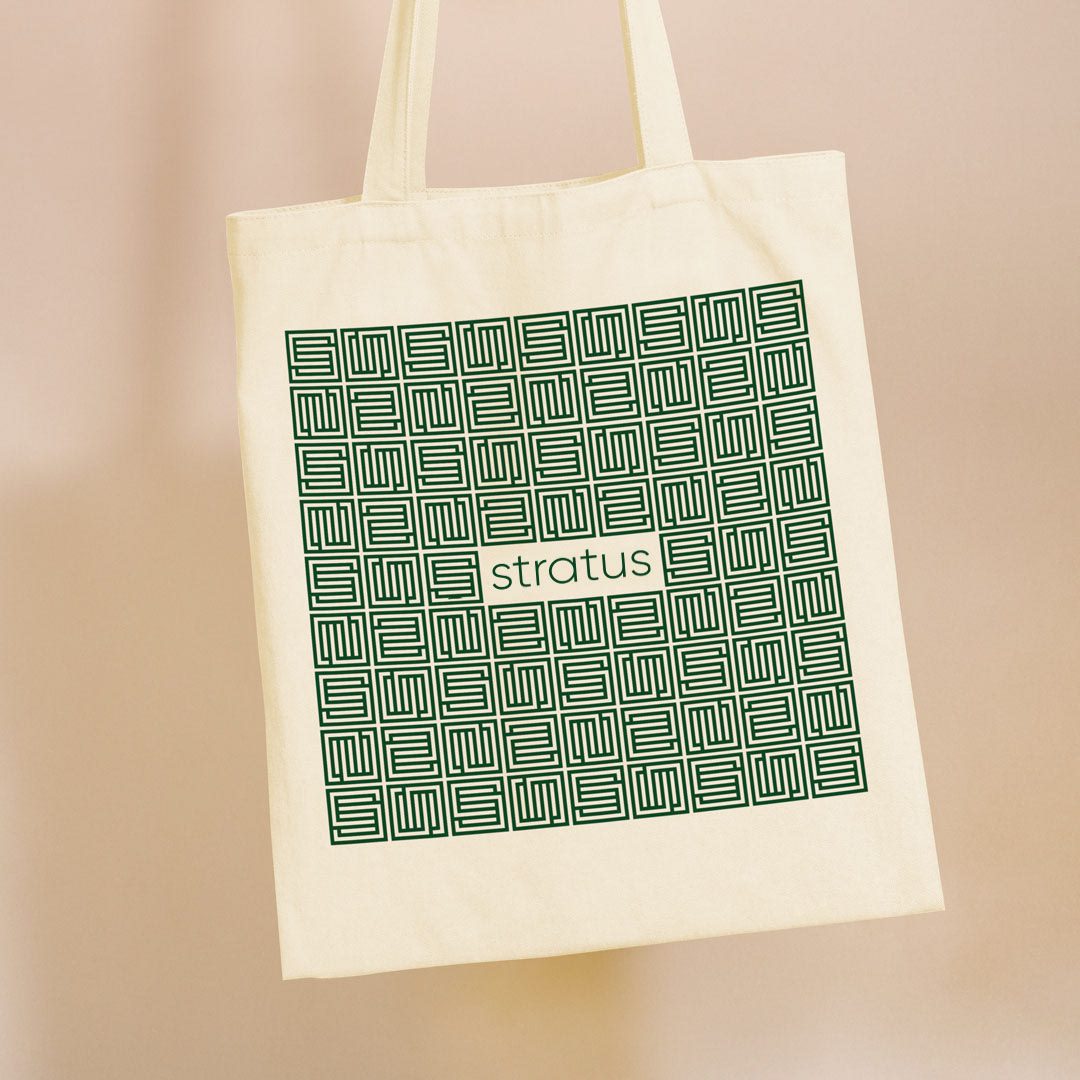 Tote bag showing Stratus' logo and pattern