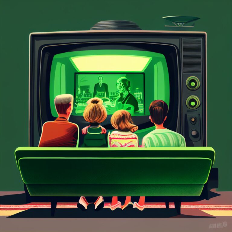 A family of four watching TV from the couch. Generated from MidJourney, prompt: "Family of four watching a TV screen from a green couch, illustrated, digital art"