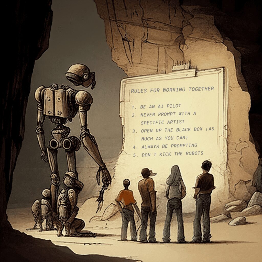 Illustration based on Midjourney prompt "A group of humans and robots look at a blank cave wall, historical, cave painting, art textbook, antique, old"