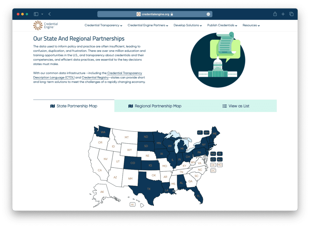 Screen capture of the State & Regional partnership map on Credential Engine's website