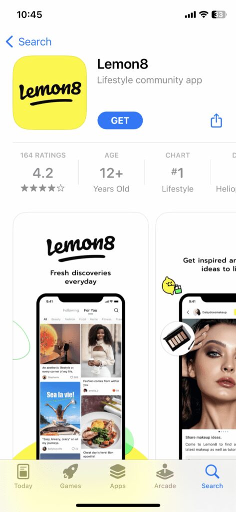 The Lemon8 application listed in the Apple Store