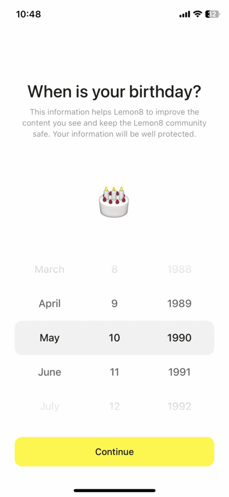 Lemon8 screenshot asking for a new user's birthday
