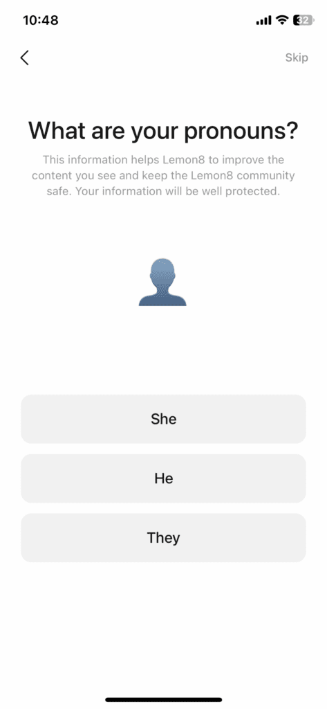 Lemon8 screenshot asking for a new user's pronouns
