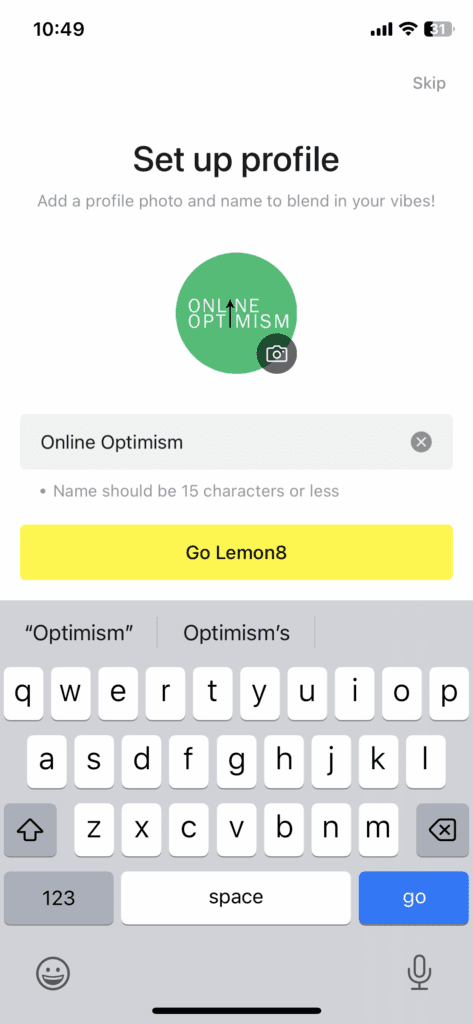 Lemon8 screenshot setting up a new profile with a profile image and username