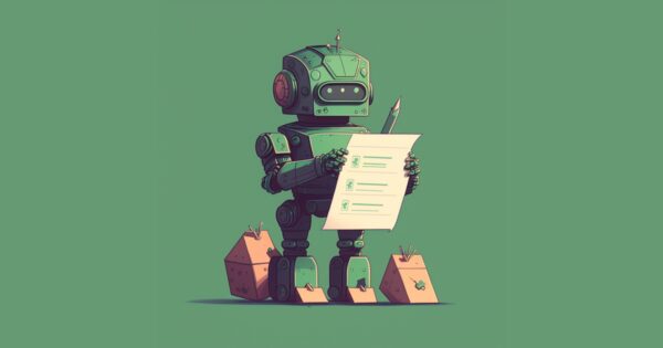 Illustration based on Midjourney prompt "a robot reviewing a checklist, digital illustration, flat style, 4K, tinted green, bright, optimistic, cheery"