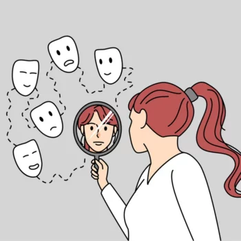 graphic of a woman looking in a mirror and seeing masks of many different faces