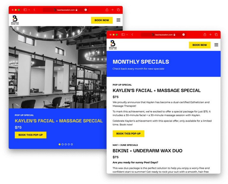 Monthly Specials carousel and main page on Bauhaus Salon + Spa's new website