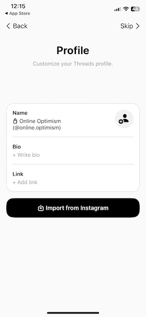 A screenshot showing the prompt to import your data from Instagram when you create a Threads account