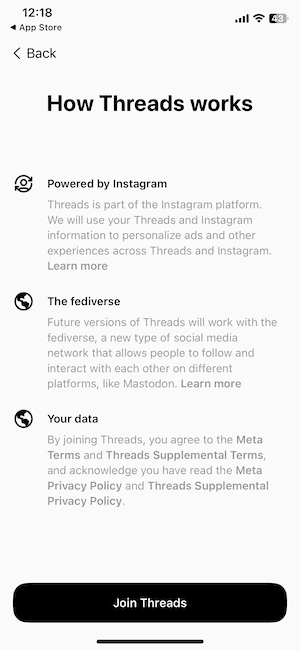 A screenshot about how Threads works when you download the app