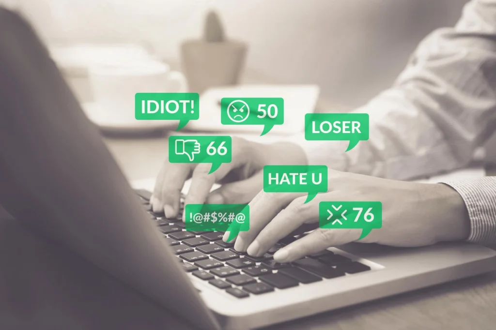 person typing with green blurbs of various messages 