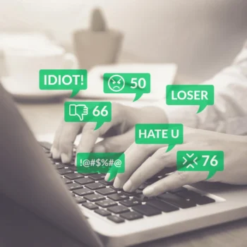 person typing with green blurbs of various messages