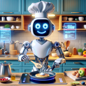 Stylized and humorous image of an AI chef represented as a whimsical, friendly robot with a chef's hat, cooking in a kitchen.