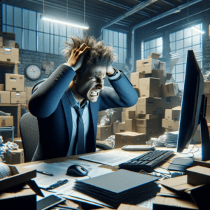 a hyper-realistic image of a small-business owner tearing their hair out while looking at a computer, surrounded by boxes, and generally looking super stressed