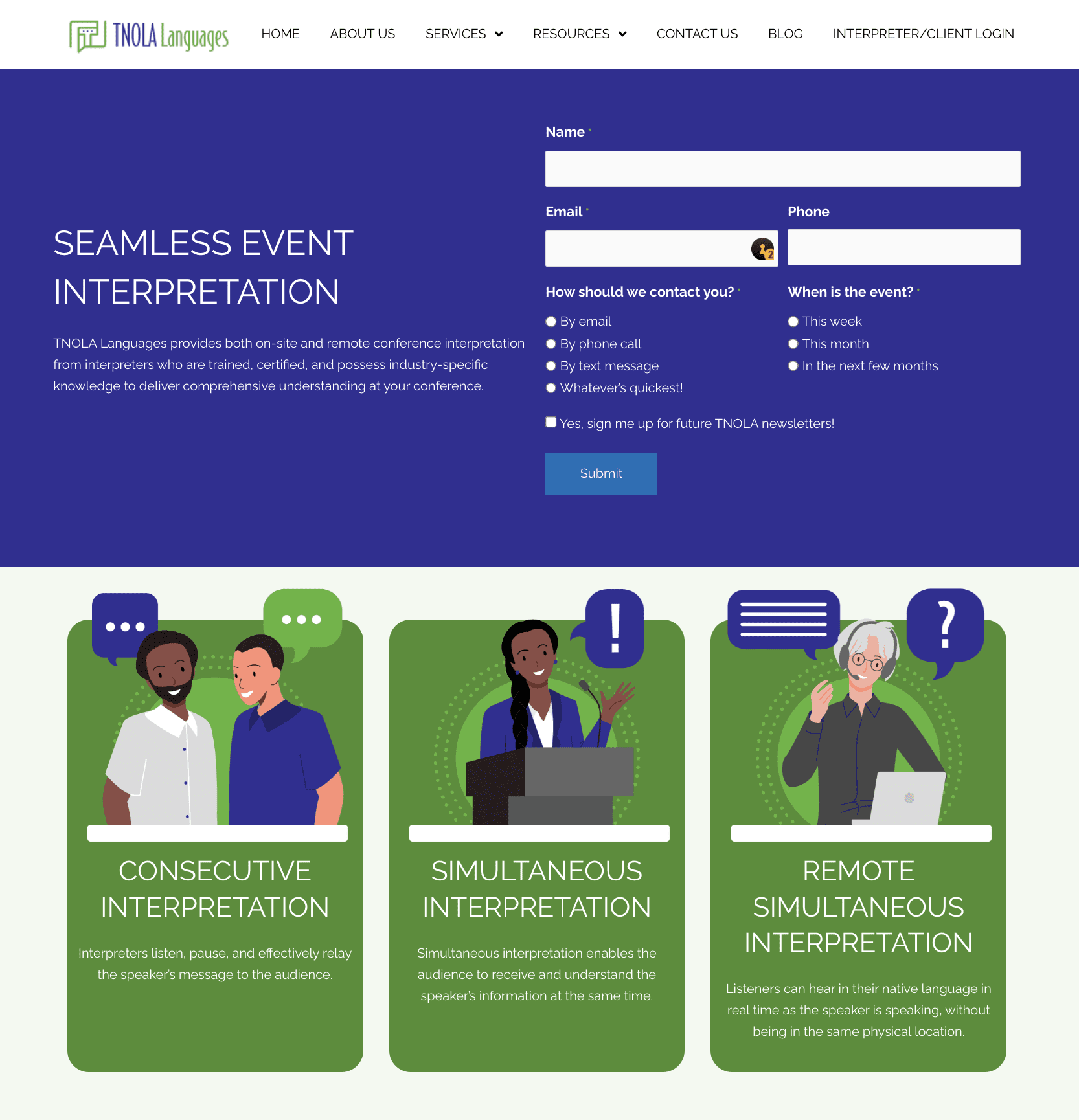 The TNOLA Languages website, showing their Seamless Event Interpretation services.