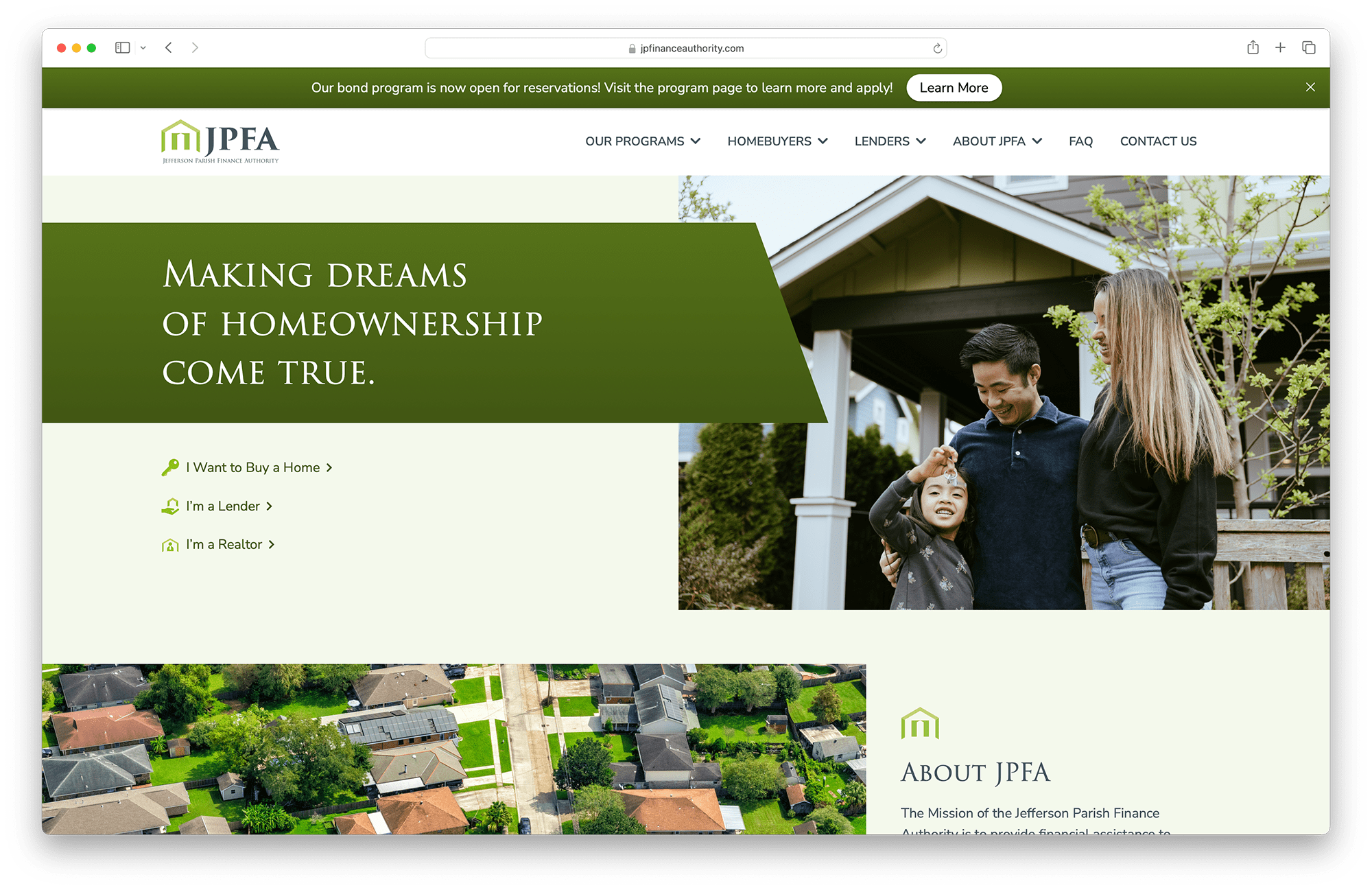 JPFA's new homepage. It is dynamic and warm, with imagery of families moving into new homes and an aerial shot of Jefferson Parish.