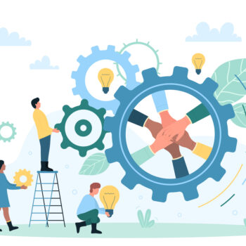 Effective cooperation of strong dedicated team, enterprise development and teamwork vector illustration. Cartoon tiny people holding light bulbs and working with moving gears, collaboration of workers